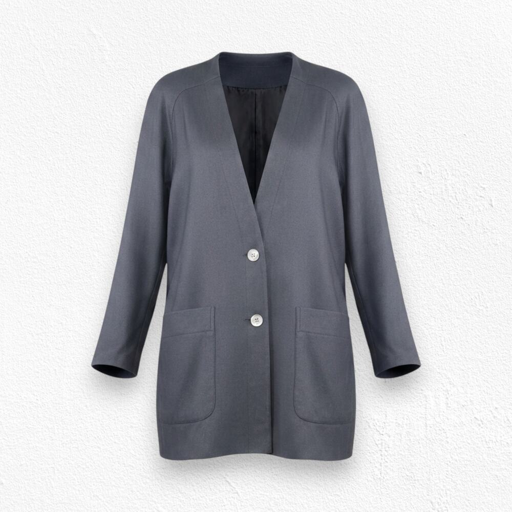 Vintage 90s Charcoal Gray 100% Silk V-Neck Blazer Minimalist Jacket Size 16